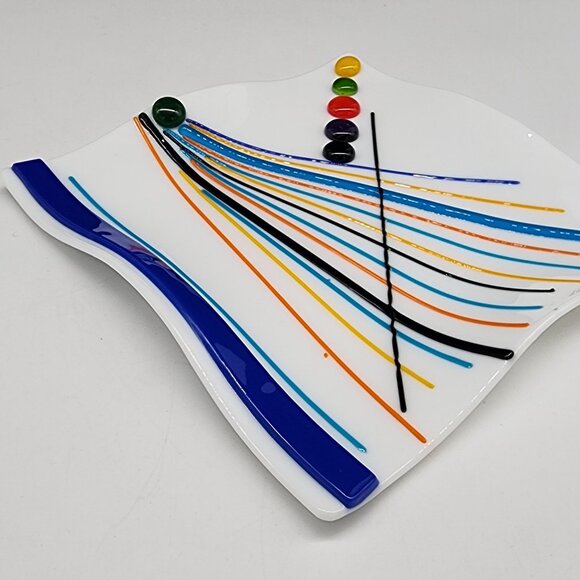 Fused Glass Decorative Plate Bold & Vibrant Color Lines Dots White Square 1980s - Picture 5 of 7